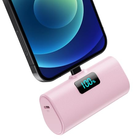 Batterie Externe pour iPhone, 5200mAh Mini Power Bank 20W PD Charge Rapide Chargeur Externe avec Écran LCD, Ultra-compact & Légère Batterie Portable Compatible avec iPohone 14/13/12/11/XR/X/8/SE(Rose)