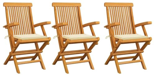 IBUQDDV 3 Stück Gartenstühle aus Massivholz Teak mit Creme Kissen, Klappstühle für Terrasse Garten Balkon, Wetterbeständige Holzstühle mit Polster, Leicht zu Reinigen und Flexibel