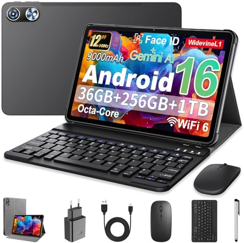 Android 16 Tablet 12 Zoll mit Gemini AI, Tablets mit Hülle, Tastatur, Maus & Stylus, Unisoc T7250 Octa-Core, 36 GB RAM + 256 GB ROM + 1 TB TF, 1920x1200 HD Display, 8MP + 20MP Duale Kamera, 9000 mAh
