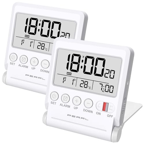 PEARL Reise-Wecker: 2er-Set Kompakter Reise-Funkwecker mit Thermometer & Datum, klappbar (Reiseuhren mit Wecker, LCD, Kalender)