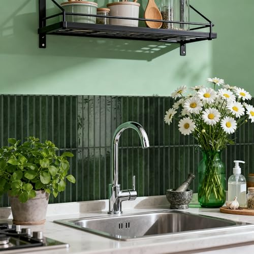 Ntrniva Sage Green Finger Tile Stickers, 3D Gel 20 Pack, 12x24.6cm | 1.2mm thick waterproof 3D gel peel and stick wall tiles for kitchen backsplash & bathroom. 20 sheets (12 x 24.6 cm).