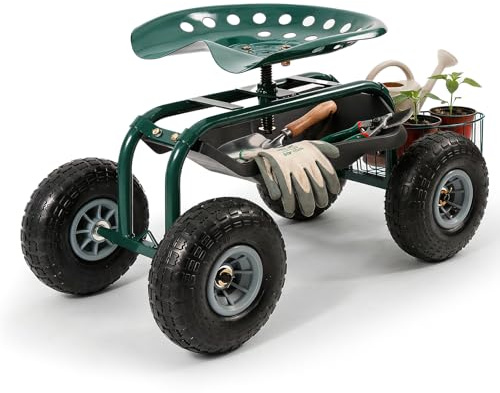 Sekey Gartensitz mit Rollen bis 180kg - Rollsitz für Gartenarbeit im Gewächshaus & Beet - Ø 25,5cm Luftreifen - 360° Drehbarer Gartenrollsitz zum Ernten & Gartenpflege - Profi Gartenhelfer mit Ablage
