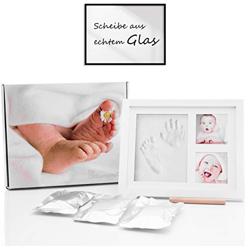Baby Handabdruck und Fußabdruck mit Echtglas - Baby Holz Bilderrahmen mit Gipsabdruck - Hand und Fuß Gipsabdruck Set inklusive Holzrolle - Abdruckset für Fussabdruck - Geschenk für Baby