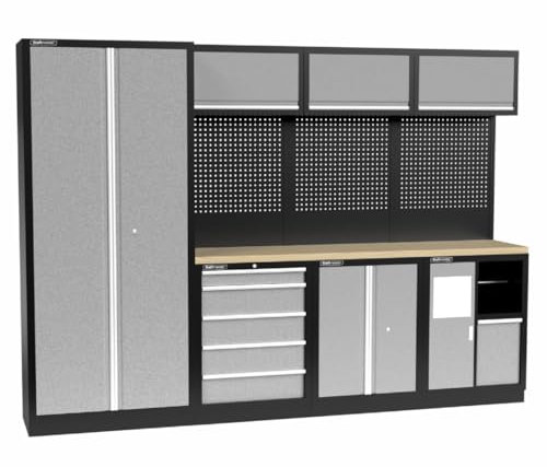 Kraftmeister Werkstatteinrichtung - Männerküche mit 5 Schubladen, 5 Schränken und 1 Abfalleimer mit Papierrollenhalter - Werkzeugschrank, Garage - modulares Werkbank mit Holzarbeitsplatte - Grau