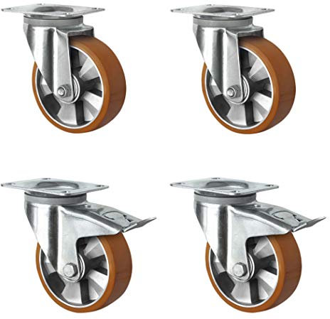 CASCOO SETSHTH200BAU5D0N Rollensatz 2 Lenkrollen-, 2 mit Feststeller, Aluminiumfelge, Polyurethan, Durchmesser 200 mm, Schwerlast, Doppelkugellager, Traglast 1800 kg (4-er Pack)