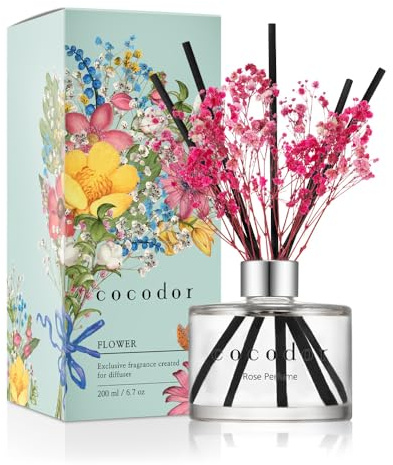 Cocod'or [COCODOR/Rose Perfume] Flower Reed diffusers Oil with a Set of 5 Fiber Sticks, 200ml, Best for Home, Kitchen, Bathroom. Diffusers with sticks