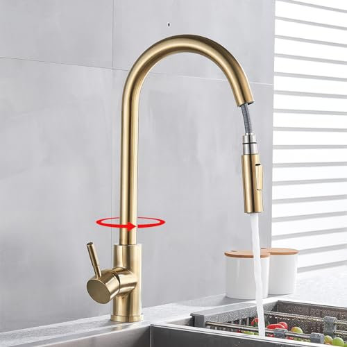 Grifo de Cocina Extraíble 2 Funciones Oro 360° Giratorio Grifo el Fregadero de Cocina Monomando Grifería, Frío y Calor Disponibles