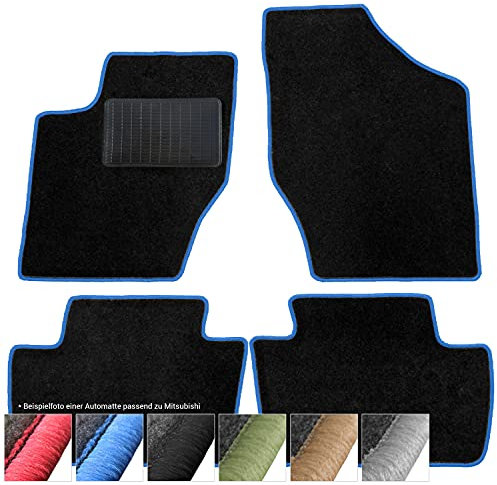 moto-MOLTICO Fußmatten Auto - Velours Autoteppiche passend für Mitsubishi Lancer (1996-2003) - 4-teiliges Set - Schwarze Automatten mit Blauen Ziernähten