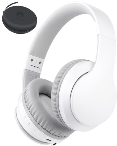 Rockpapa E7 Wireless Headphones Over Ear, Kids Bluetooth Headphones with Microphone, Foldable Hi-Fi Stereo, Wireless Wired Head phones for Phone/PC/TV, Include Travel Case, White Grey