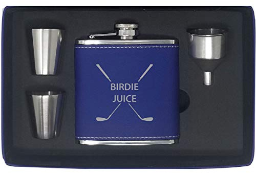 Flasque pour jus de oiseaux, entonnoir, verres à shot et boîte cadeau – Flasque de golf en acier inoxydable et similicuir mat 177 ml (Bleu)