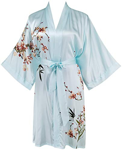 Ledamon Kimono för kvinnor, kort badrock av 100% siden, Ljusblå – a, one size