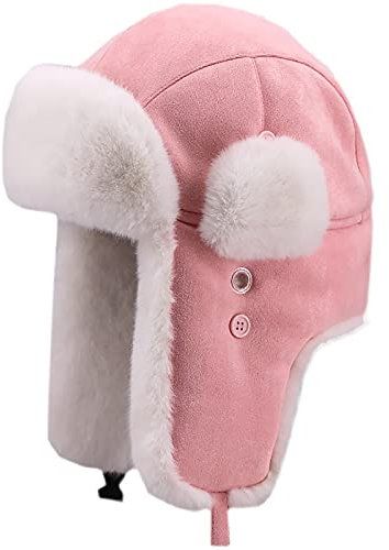 WHSPORT Winter FliegermüTze Ohrenklappe Jagd Trapper Hut Ski SchneemüTzen Winddicht Warm Wildleder Dicke BaumwollmüTze (Color : Pink, Size : 58cm/22.83in)