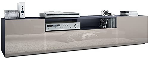 Vladon TV Board Mogan 181 x 39 x 35 cm, langes Lowboard mit 6 Fächern, Korpus in Anthrazit Matt, Fronten in Sandgrau Hochglanz