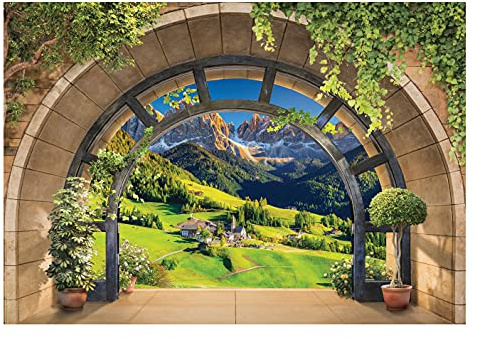 WallArena - Vlies Fototapete Alpen Fenster Landschaft Natur Ausblick 208x146 cm - Fototapeten - Tapeten - für Wohnzimmer Schlafzimmer - Vliestapete Wandtapete Tapete 3D Effekt- inkl. Kleister