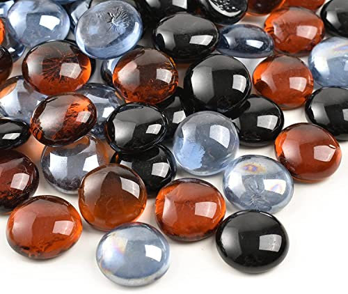 HUIANER Round Glass Pebbles 450g, Flat Stone Marbles Table Scatter Gems for Vase Filler Aquarium Decor Garden Decoration (Blue Gray, Black and Amber)