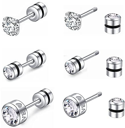 ZOCOYUU 3 Pair Titanium Screw Back Cubic Zirconia Stud Earrings Set for Women Girls, Hypoallergenic Surgical Steel 20G Helix Piercing Jewelry Cartilage Earrings for Sensitive Ears,Size:4,5,4mm