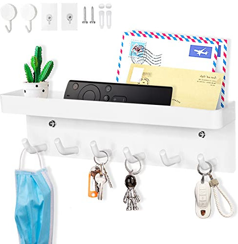 Echehi 6 Hooks Key Holder, Self-Adhesive or Drilled Wall Key Rack, Key Hooks Wall Mounted for Entrance Areas, Offices, Bathrooms, Living Rooms (White)