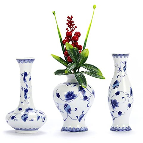 Fambe Classic Porcelain Vases Set of 3 - Blue & White, Small Ceramic Vases for Home Office, Bookshelf, Tabletop, Cupboard Decor