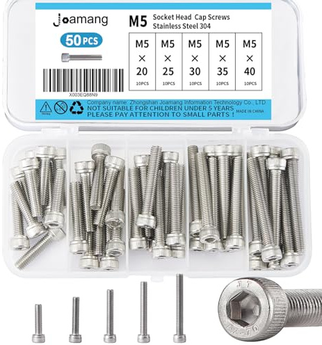 Joamang M5 x 20mm 25mm 30mm 35mm 40mm Socket Head Cap Screws Bolts, Stainless Steel 304, Metric Allen Hex Drive, Bright Finish, Fully Threaded, Assortment Kit 50PCS
