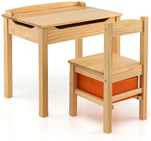 Maxmass Kids Desk and Chair Set, Wooden Activity Study Table with Storage Space, Safety Hinge, Hook and Fabric Drawer, Lift-Top Tabletop Toddler Furniture Set for Arts, Crafts, Playing (Natural)