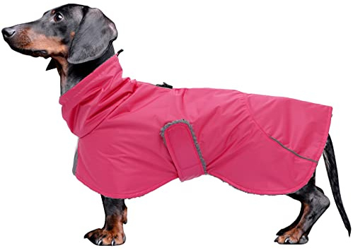 MOREZI Hundejacke ist eine wasserdichte, mit Fleece gefütterte Hundewinterjacke mit verstellbarem Gürtel und Reflexbesatz, geeignet für Dackel und ähnliche Rassen-Rosa-XS