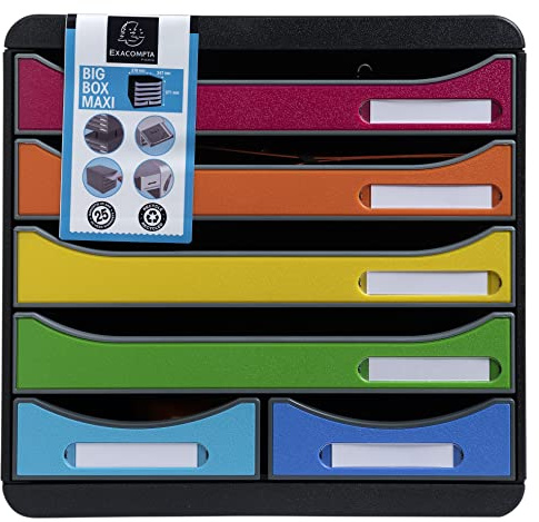 Exacompta 312798D Ablagebox Iderama aus Recycling-Kunststoff mit 4 Schubladen für DIN A+ und 2 Schubladen für Utensilien. Schubladenbox für mehr Platz. Blauer Engel Big Box Maxi schwarz|bunt