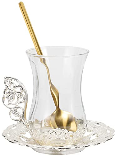 Zerodeko 1 Set Set Tè Turco Tazza Con Piattino E Cucchiaio Vintage Fatto A Mano Set Tè In Tazza Tè In Set Per L'ora Tè Argento