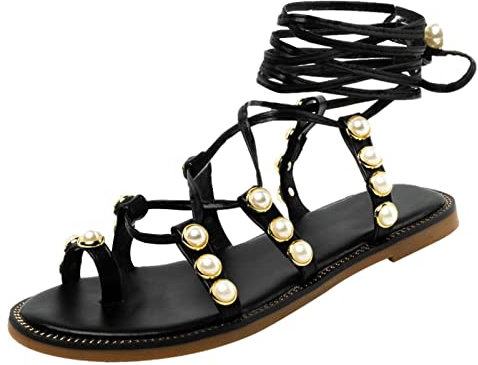 ANUFER Damen Böhmen Schnüren Zehenring Sandalen Perle Riemchen Flacher Absatz Strandschuhe Schwarz SN070389 EU41