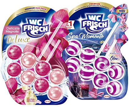 WC FRISCH DeLuxe Delicate Magnolia (2 * 50 g), Duftsteine mit Parfümperlen & WC FRISCH Spa Momente Harmonie Toilettenstein (2 * 50 g), WC Duftspüler mit ätherischen Ölen