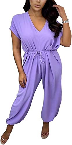 Gostyles® Women’s Deep V-Neck Tie Belt Waist Short Sleeve Jumpsuit Ladies Oversized Wide Leg All in One Romper Playsuit Dress (Lilac, S-M)