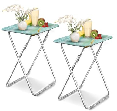 Garden 4 you Folding TV Tray Table,TV Dinner Table with Sturdy MDF Top,Eating Trays for Living Room with No Assembly Required, 2PCS (Sea Blue)