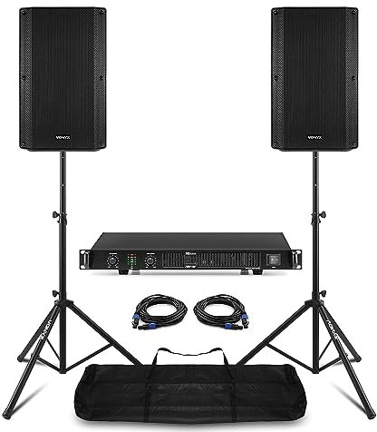 Vonyx VSA10P 10 Passive PA Speaker System with PDA-B1000 Amplifier, Speaker Stands and Cables - Complete DJ Speakers Kit for Live Events and Performances