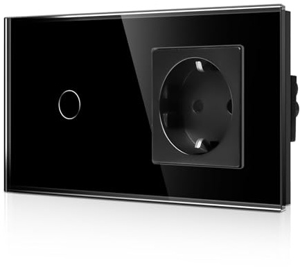 CNBINGO Glas Touch Lichtschalter mit Steckdose Unterputz Schwarz 1 Fach | 16A 250V,Steckdosenschutz Kindersicherung