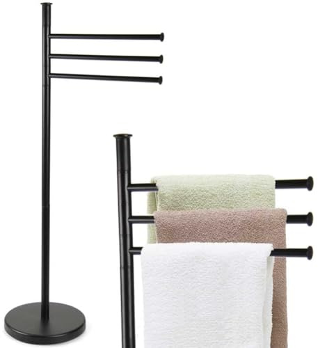 BAKAJI Portasciugamani da Terra Modello Parigi con 3 Aste Regolabili, Porta Asciugamani a Piantana con Base Rotonda, Stand Organizzatore a 3 Livelli Ruotanti da Bagno Autoportante (Nero)