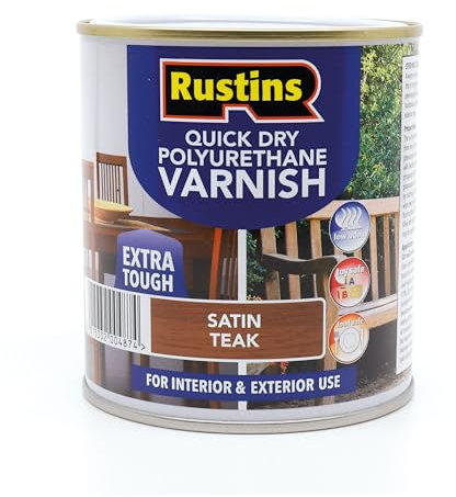 RustinsQuick Dry Poly Varnish Satin Teak 500ml -Tough, Water-Based Clear Finish in Gloss, Matt or Satin; Durable Protection for Interior Wood, Furniture and Floors