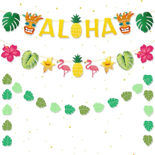 Lets Joy Hawaii Banner, Aloha Girlande, Party Dekorationen, Tiki Flamingo Palmenblätter Girlande für Garten Sommer Karneval