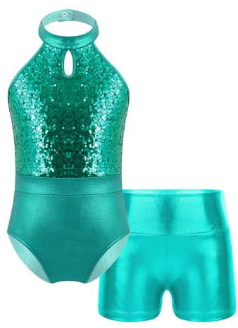 IEFIEL Traje de Gimnasia Rítmica para Niña con Lentejuelas Brillante Maillot de Ballet y Leggings Cortos Mono de Gimnasia Disfraz Bailarina Niña 5-14 Años lago verde 9-10 años