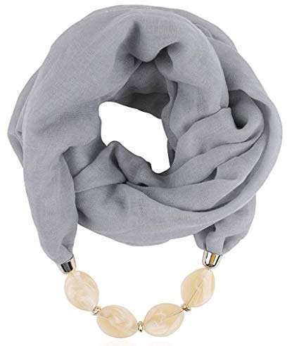 Generico Sciarpa ad anello con fazzoletto, da donna, per il collo, collana con perline, scialle con gioielli in tinta unita, Poliestere