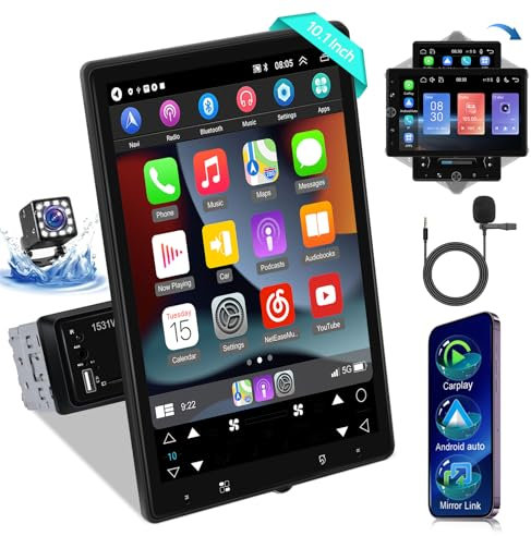 Autoradio 1 Din avec Carplay sans Fil et Android Auto - Autoradio à écran Tactile Rotatif de 10,4 Pouces avec EQ, Mirror Link, Bluetooth, Radio FM, SWC, Entrée USB/AUX/SD + Caméra de Recul
