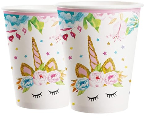 MORAINJAY 16 Stück rosa Pappbecher für Geburtstag, Einhorn-Thema für Mädchen, 250 ml, ideal für Kinderpartys, Tischdekoration, fröhliche Dekoration – 16 Gäste