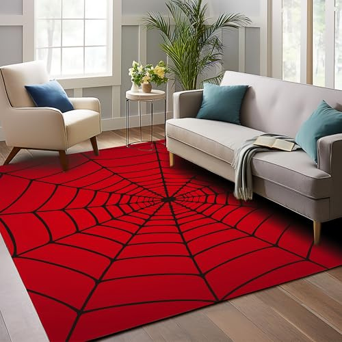Red Spider Web Area Rug, 5x7 Indoor Area Rugs Washable Rugs for Living Room Carpet, Farmhouse Non Slip Carpet for for Bedroom Laundry Room Kitchen Non Slip Soft Low-Pile