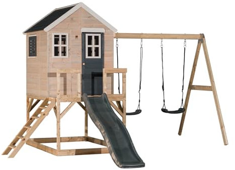 Wendi Toys M28G Spielhaus Kinder Outdoor Holz, Schaukel mit Rutsche, 330 x 405 x 242 cm, Grau, FSC Holz, Kinder Klettergerüst mit Plattform, Leiter & wetterfestem Dach, Spielturm Outdoor