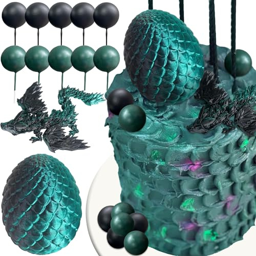 Fantasy Dragon Cake Topper Dragon Eggs Cake Decor | Green Black Balls Cake Decor for Baby Shower Birthday Wedding Party Supplies