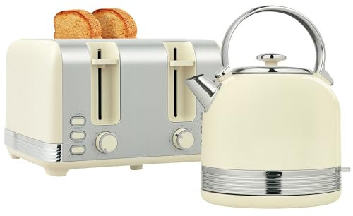 HOMCOM Stainless Steel Kettle and Toaster Set, 1.7L 3000W Cordless Fast Boil Kettle, 4 Slice Toaster Kitchen Set with 7 Level Browning Controls, Defrost, Reheat and Crumb Tray, Cream White