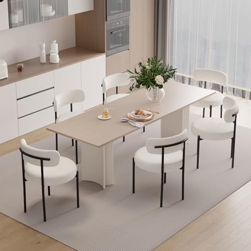 Hawthyhome Esszimmerstühle 6er Set Teddy Stoff Gepolstert Stuhl Weiß | Runde Boucle Esszimmerstuhl,Mid-Century Stühle Esszimmer mit Metallbeinen und Rückenlehne für Esszimmer,Wohnzimmer, Büro
