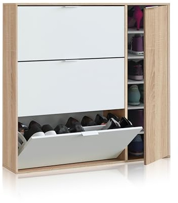 duehome | Mueble Zapatero 4 Puertas, Modelo Eris, Acabado en Roble Canadian y Blanco Artik, Medidas: 106 cm (Ancho) x 115 cm (Alto) x 22 cm (Fondo)
