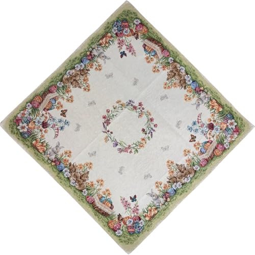 Centrotavola Quadrato Pasquale in tessuto Gobelin Piazzato, Centrotavola con motivo coniglio e uova, 90x90 cm, Centrotavola Runner Cucina Pasqua, 100% Made in Italy (Eggs)