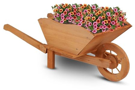 BONAFIDE Large Outdoor Garden Wheelbarrow Planter, Rustic Garden Wagon Planter Cart with Wheel & 2 Long Handles, Heavy Duty Rustic Large Outdoor Ornaments (BROWN)