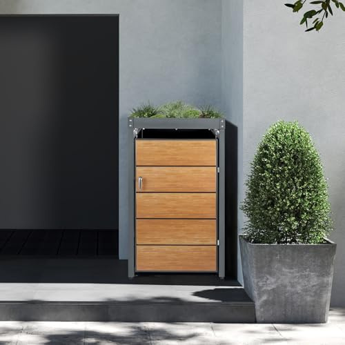 Mülltonnenbox für 240L Tonnen Müllcontainer für Mülltonnenverkleidung mit Pflanzdach abschließbar wetterfest Müllbox Tonnenhaus Abfallbox Abfallbehälter Gerätebox für Garten Einfahrt Holzoptik Tür