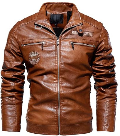 Giubbotto Pelle Uomo, Giubbotto Manica Lunga Finta Pelle Biker Casuale Cotone Moda Giacca a Vento per Le Mezze Stagioni Giacca Moto Uomo Pelle Giacca Lunga Chiodo Pelle Uomo